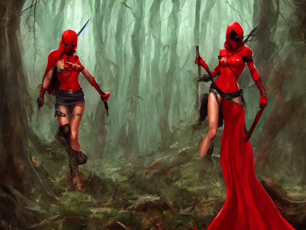 Prompt: a single girl in a red hood with a twohanded axe in deep mystical forest. award winning. dramatic. trending on artstation. style by victor hugo queiroz and jim burns. high quality