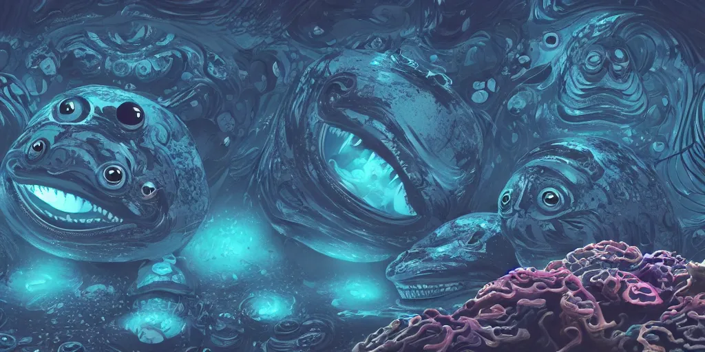 Image similar to of an intricate deep sea with strange cute friendly happy creatures with huge eyes, mouth, long tongue, round teeth and goofy face, appearing from the background, in the style of gehry and gaudi, macro lens, shallow depth of field, ultra detailed, digital painting, trending artstation, concept art, illustration, cinematic lighting, photorealism, epic, octane render