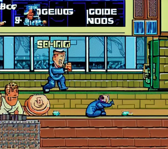 Prompt: screenshot of a sega genesis game, michelin man, columbo, chuck schumer