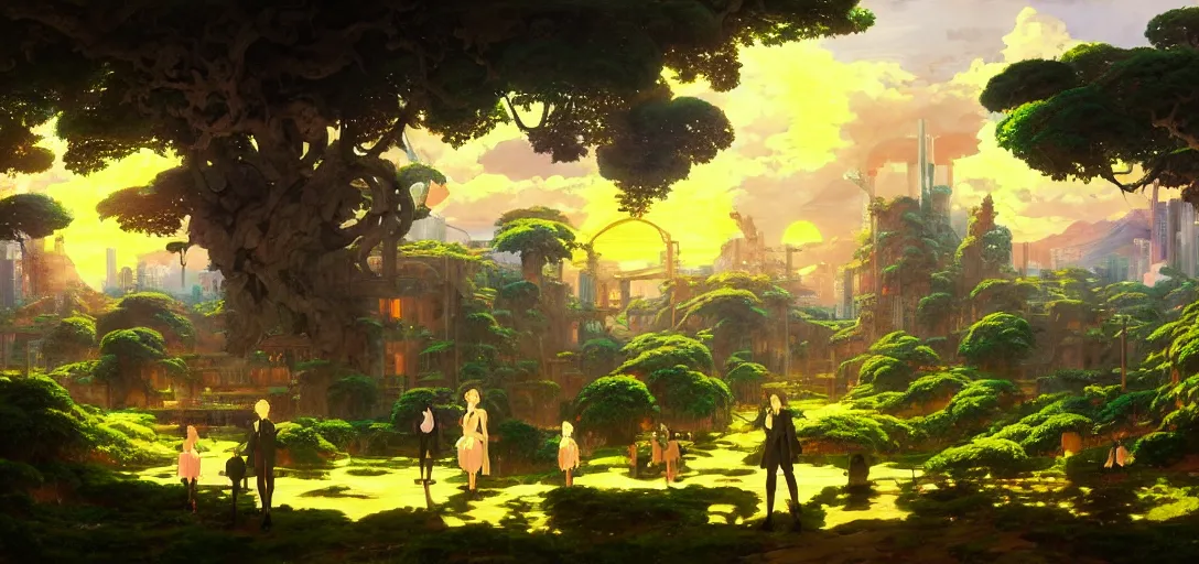 Image similar to baroque oil painting of anime key visual environment of a garden of eden in a cyberpunk world, brutalist, dark fantasy, sunset, rule of thirds, digital cel shading, fake hidden detail, trending on pixiv fanbox, style of makoto shinkai studio ghibli jamie wyeth james gilleard greg rutkowski