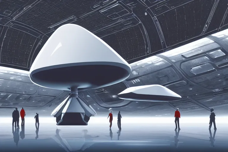 Prompt: a huge futuristic spacecraft in a hangar, cinematic lighting, low angle, tiny people standing near the spacecraft, concept art