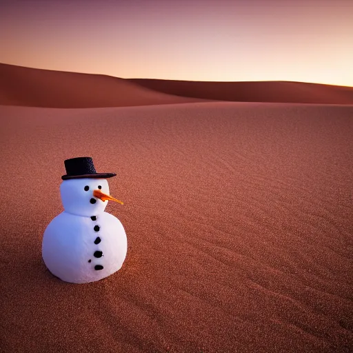 Image similar to a snowman is lost in the desert at sunset, he’s next to a sandman made of sand, beautiful photography, 8k, ambient light