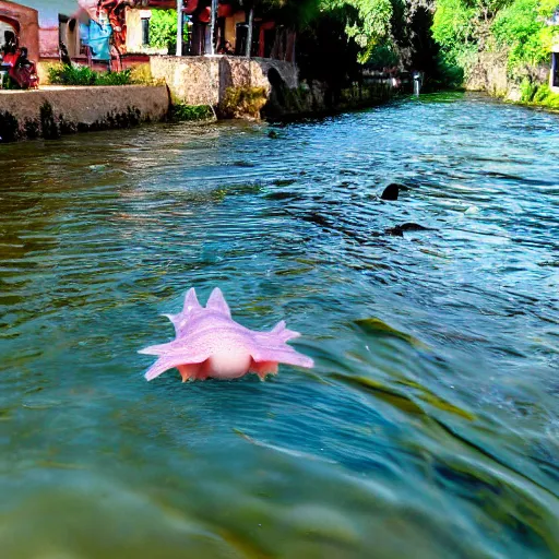 Image similar to axolotl swimming in a river with a quaint mexican village in the background