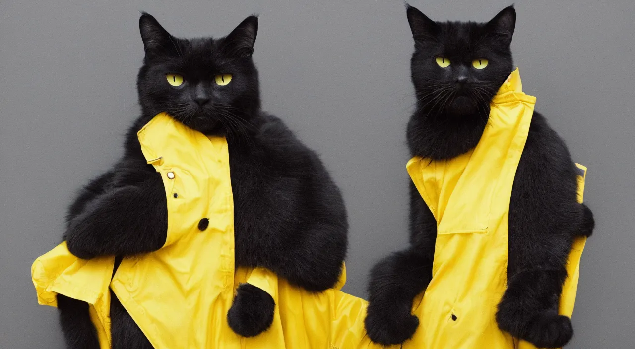 Image similar to a big black cat wearing a yellow raincoat, cat is standing on his back feet