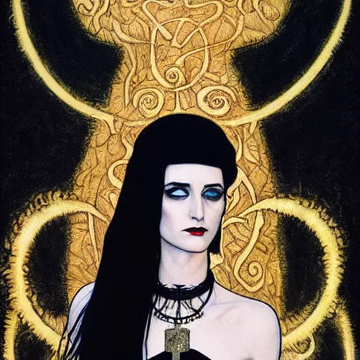 Prompt: death, a young and beautiful pale goth girl wearing a black vest and black punk hair, an ankh medallion hangs around her neck. the actress winona ryder, portrait by joshua middleton and gustav klimt, vertigo comic