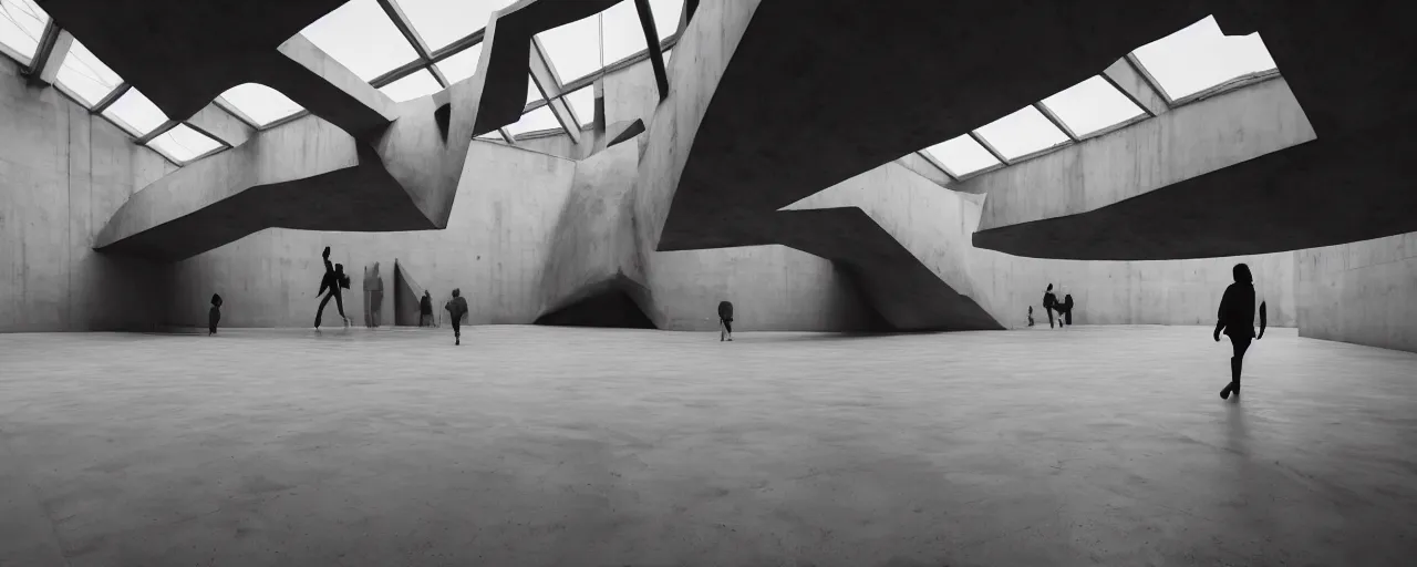 Prompt: Hyper realistic brutalist museum interior with a big abstract sculpture, blurred silhouettes of people walking in the distance, sun rays at sunset, hard shadows, volumetric fog, Hyper realistic film photography by Yohji Yamamoto, Zeiss 24mm f2.8, Hasselblad, insanely detailed, sharp focus