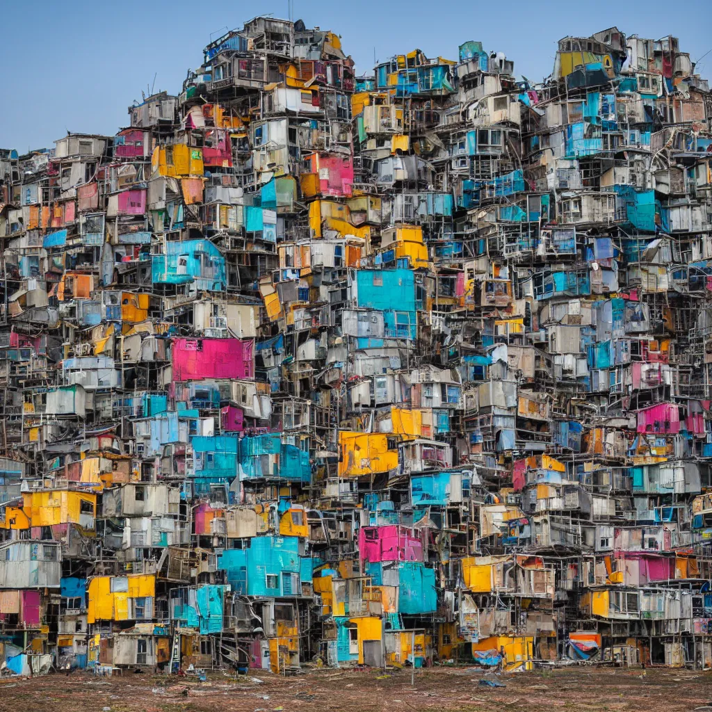 Prompt: a skyscraper made up of colourful makeshift squatter shacks, dystopia, sony a 7 r 3, f 1 1, fully frontal view, photographed by jeanette hagglund