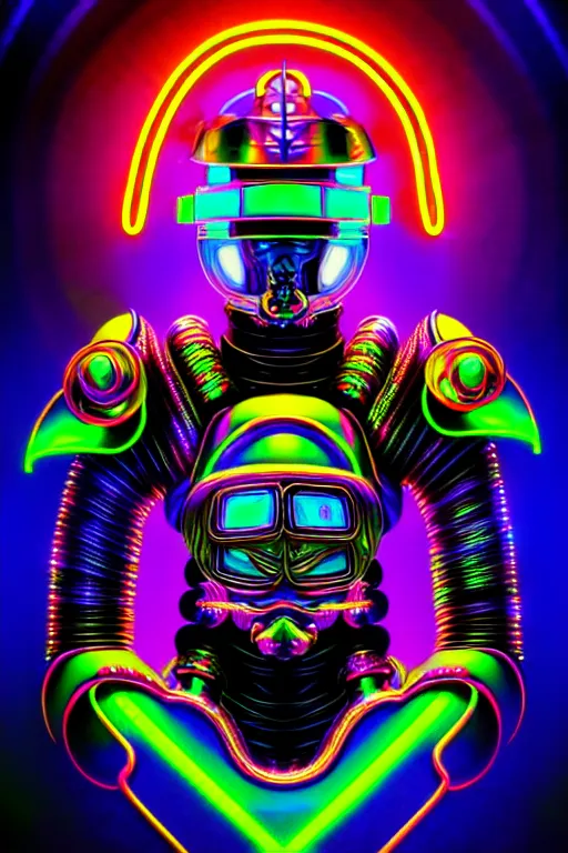 Image similar to maximalist detailed neon knight portrait. lowbrow scifi artwork by kidsquidy ø - cult and subjekt zero. ray tracing hdr polished sharp in visionary psychedelic fineart style inspired by ben ridgway and igor goryunov