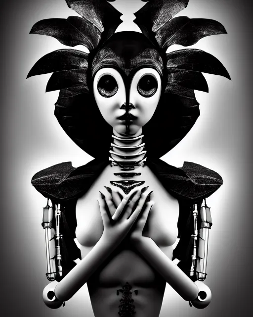 Image similar to surreal mythical dreamy dark artistic black and white fine art 3 / 4 fashion portrait photo of a young beautiful delicate female robot - owl with orchid - doll face, rim light, cinematic, studio dramatic light, poetic, masterpiece, octane render, 8 k, photo - realistic by gustave dore hg giger tamara de lempika