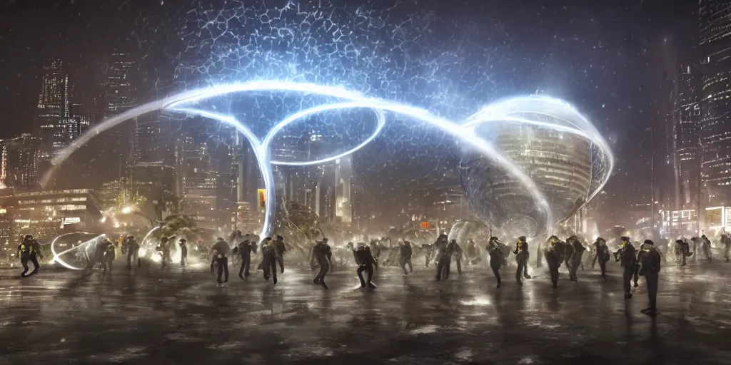 Image similar to policemen protecting a huge spiral - shaped bright white luminous attractor right in the center of the city from protesting people,, rain and light fog, professional lighting, concept art in 3 d, high detail, professional lighting, unreal engine