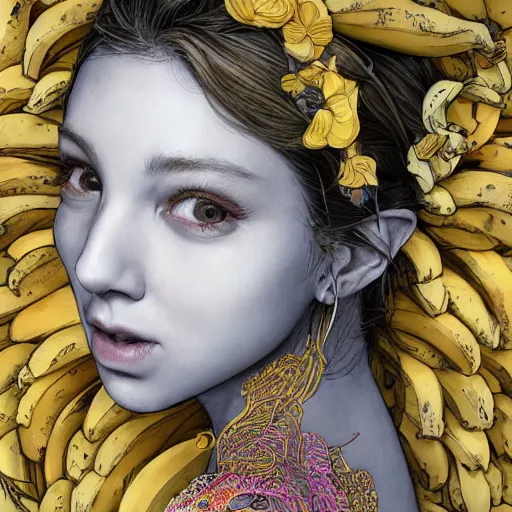 Prompt: the portrait of an absurdly beautiful, graceful, elegant, and wise young woman made of bananas and petals, an ultrafine detailed illustration by kim jung gi, irakli nadar, intricate linework, bright colors, octopath traveler, final fantasy, angular, unreal engine 5 highly rendered, global illumination, radiant light, detailed and intricate environment