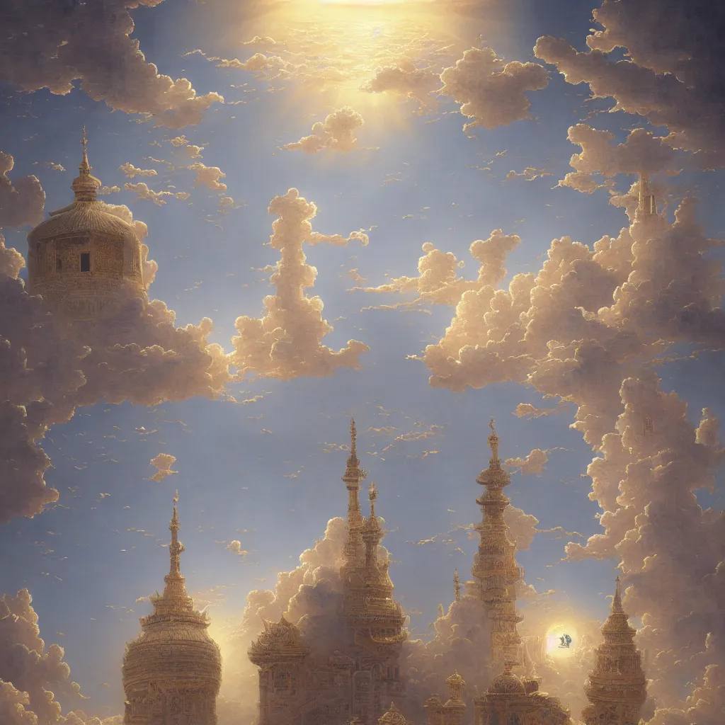 Image similar to Highest tower Temple in Heaven, heavenly temple, capital angel tower in space, intricate, elegant, highly detailed, warm bright white light, heaven planet in background, godlike temperature, colossal tower, digital painting, artstation, concept art, smooth, detailed oil painting by Bouguereau