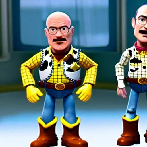 Prompt: walter white and jesse wearing lab gear in toy story