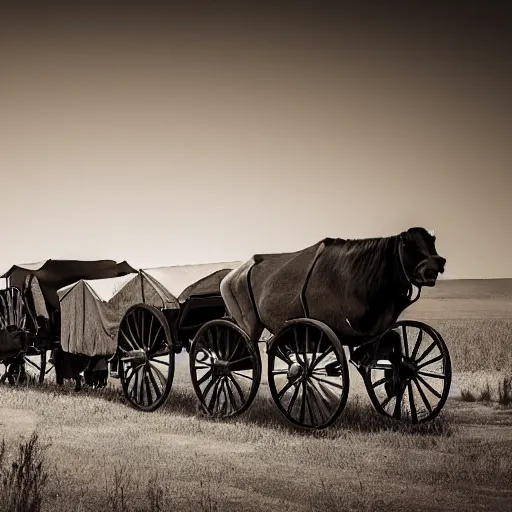 Image similar to a monochromatic sepia photograph of a delorean traveling with covered wagons and cattle on the oregon trail, trending on art station,