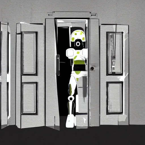 Image similar to an android wearing a white trench coat with 6 arms sticking out of each side, looking out of a doorway. four arms have lazer guns, one has a rifle, and one has a broken piece of a door. dramatic digital art.