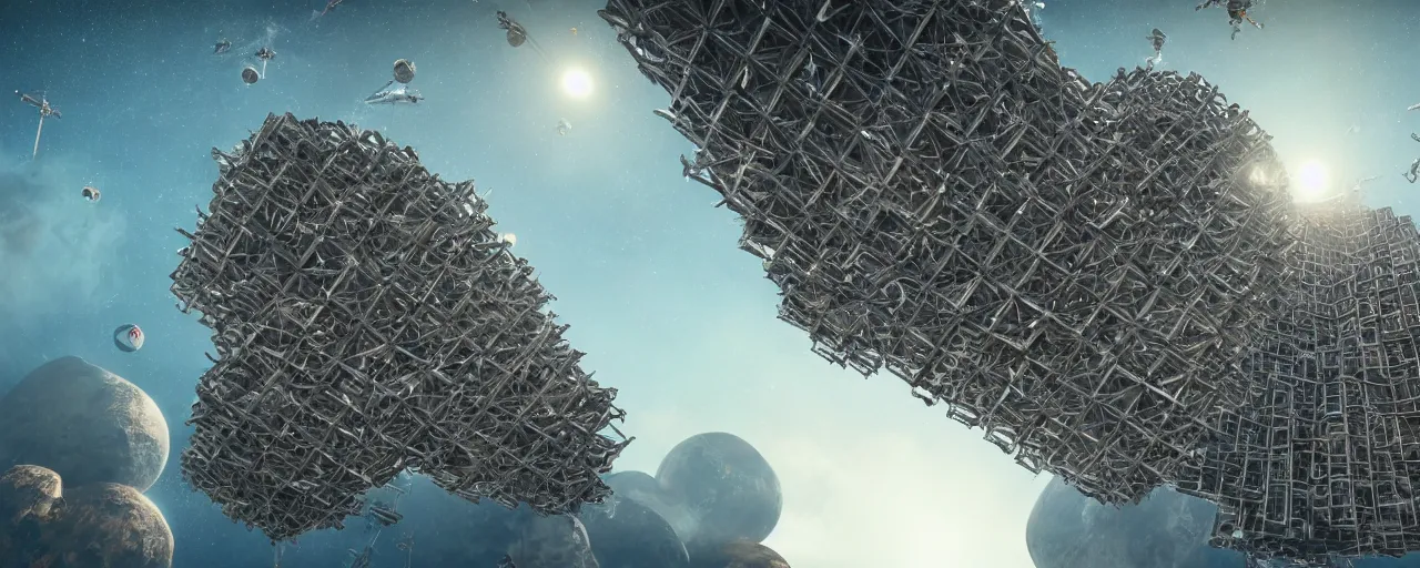 Image similar to movie still, brutalist wasp hive megastructure in space, unreal engine, octane render, detailed and intricate, global illumination, volumetric lighting, hubble telescope images, james webb telescope images, detailed and intricate environment