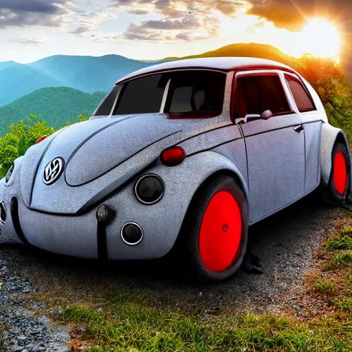 Image similar to promotional scifi - blockbuster movie scene of a ladybug volkswagen hybrid, flying down a dusty backroad in smokey mountains tennessee. the hybrid is 2 / 3 ladybug. cinematic, muted dramtic color, 4 k, imax, 7 0 mm, hdr