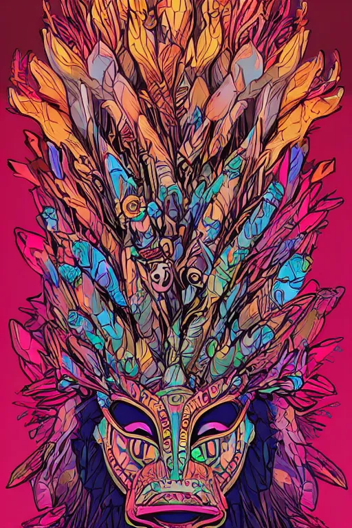 Image similar to animal mask totem roots flower tribal feather gemstone plant wood rock shaman vodoo video game vector cutout illustration vivid multicolor borderlands comics by josan gonzales and dan mumford radiating a glowing aura