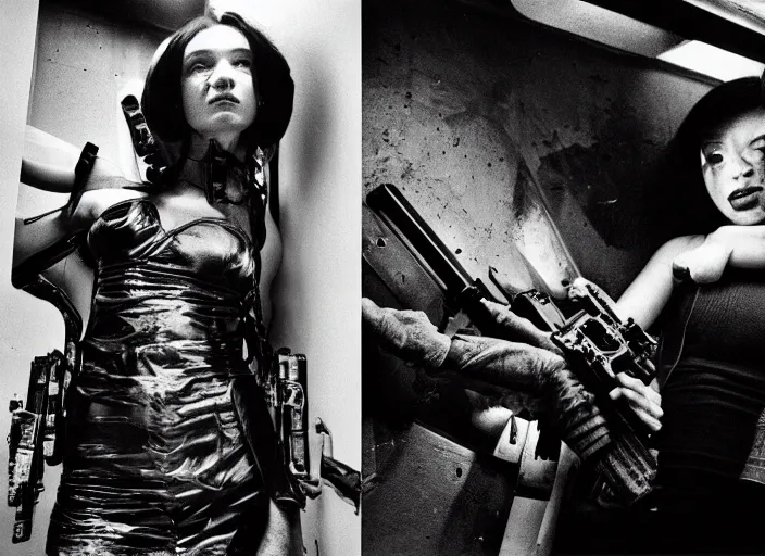 Image similar to close - up portrait of cyberpunk cyborg girl with a gun for an arm, in a futuristic subway, richard avedon, tri - x pan