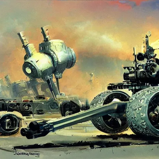 Image similar to a futuristic land walking vehicle with six robot legs and a huge cannon, painting by john berkey