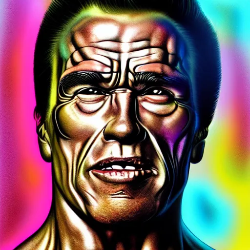 Image similar to I've discovered life, arnold schwarzenegger, ecstatic, infinite power, manic, perfect eyes, full body shot, chemical structures, atoms, molecules, portrait, energized face, noble, transformation, vivid colors, elegant, concept art, sharp focus, digital art, Hyper-realistic, 4K, Unreal Engine, Highly Detailed, HD, Dramatic Lighting by Brom, trending on Artstation