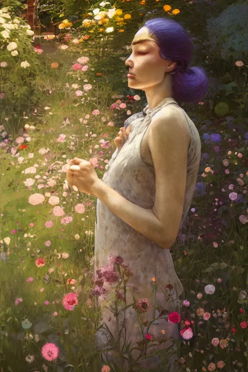 Image similar to beautiful woman in garden, imperil, beauty portrait by greg rutkowski, hilma af klint, moebius, victo ngai, sharp focus, global illumination, highly detailed, masterpiece, award winning, post processing