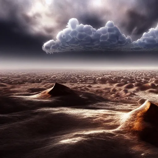 Image similar to an ice covered desert slightly visible thru enormous clouds ,concept art, illustration highly detailed artwork cinematic hyper realistic