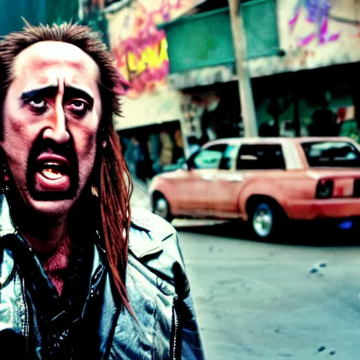 Prompt: uhd candid photo of dirty, homeless nicholas cage ranting maniacally in the street. skid row. correct face, accurate face, exaggerated features, intricate details, hyperdetailed, accurate face, studio lighting, photorealistic. photo by annie leibowitz