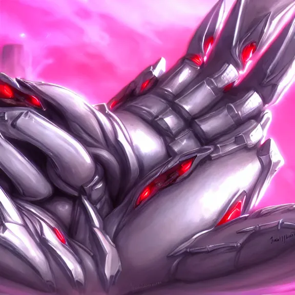 Image similar to very close up foot pov shot, detailed foot shot, paw art, hyperdetailed elegant beautiful stunning hot anthropomorphic mecha female dragon, sharp silver armor fuchsia skin, laying down showing quality mecha dragon feet at camera, furry paw, anthro paw, dragon paw, claws, sleek legs, warframe fanart, furaffinity, deviantart, ekasportal