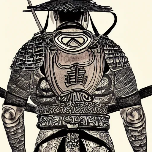 Prompt: entire body portrait from behind samurai that holds chain art inkstyle brush ink traditional sketch