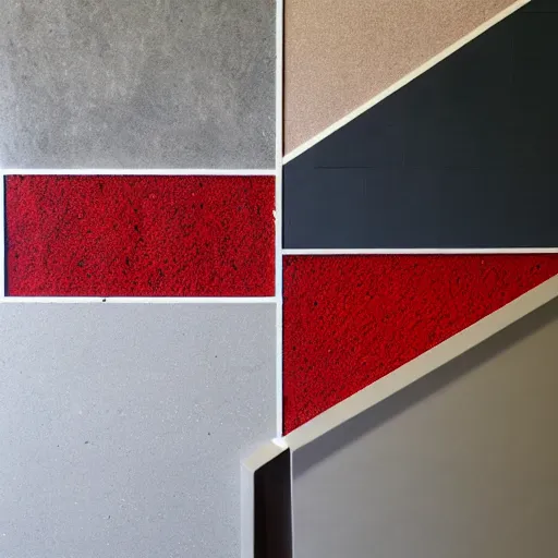 Prompt: material sample board combining concrete, red painted metal, oak, plants, dark grey carpet, architectural finishes