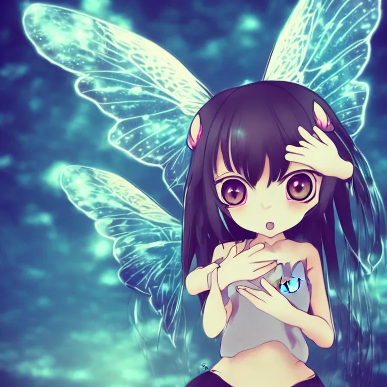 Fairy; shine wings; green dress; cartoon; anime style; detailed; 4k;  forest; realism;