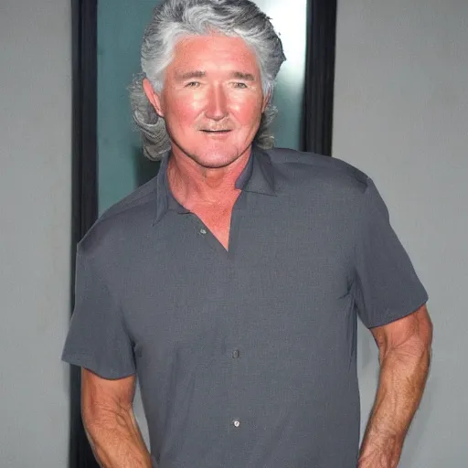 Image similar to patrick duffy with very long length straight grey hair wearing a white shirt