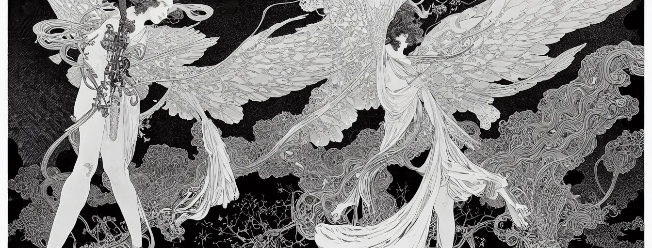 Image similar to fallen angel domain by nicolas delort, alphonse mucha, victo ngai, josan gonzalez, kilian eng