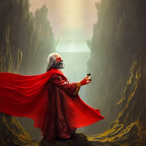 Image similar to stoner King Tommy Chong wears a doublet whilst wearing a red velvet cape and golden crown edward julius detmold jehan choo jeff simpson arkhip kuindzhi raphael lacoste guillem h. pongiluppi grisaille