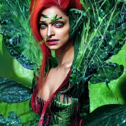 Image similar to A beautiful portrait of Deepika Padukone as Poison Ivy from Batman as a Versace fashion model Spring/Summer 2010, highly detailed, in the style of cinematic, Getty images, Milan fashion week backstage, Makeup by Pat McGrath, Hair by Guido Palau, Greg rutkowski