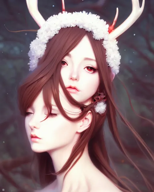 Image similar to portrait of beautiful anime maiden with White antlers,nature,elegant,highly detailed,artstation,concept art,illustration,by sakimichan,bouguereau,Ilya Kuvshinov,Ayami Kojima,Evanna Lynch