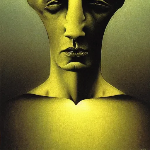 Image similar to lime lively by zdzislaw beksinski. a beautiful performance art of a giant head. the head is bald & has a big nose. the eyes are wide open & have a crazy look. the mouth is open & has sharp teeth. the neck is long & thin.