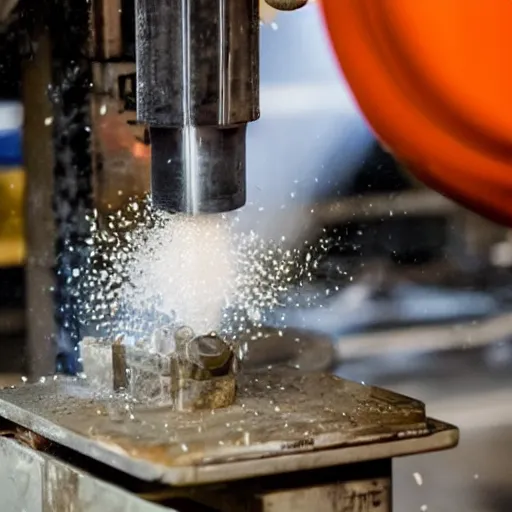 Prompt: orange with face being crushed under a hydraulic press