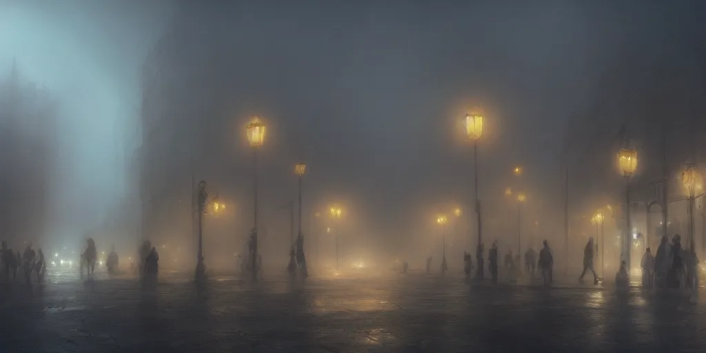 Image similar to a heavy swirling fog with a parade, soft lighting, night, stephen bliss, misty, unreal engine, digital art, 8 k, oil painting, fantasy art, illustration, detailed and intricate environment