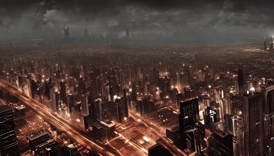 Prompt: art deco sports stadium surrounded by skyscrapers and a vast metropolis, Stacked city, Chicago, Dark City, olympics event 1930's, moody lighting, cinematic, Road to Perdition stillframe