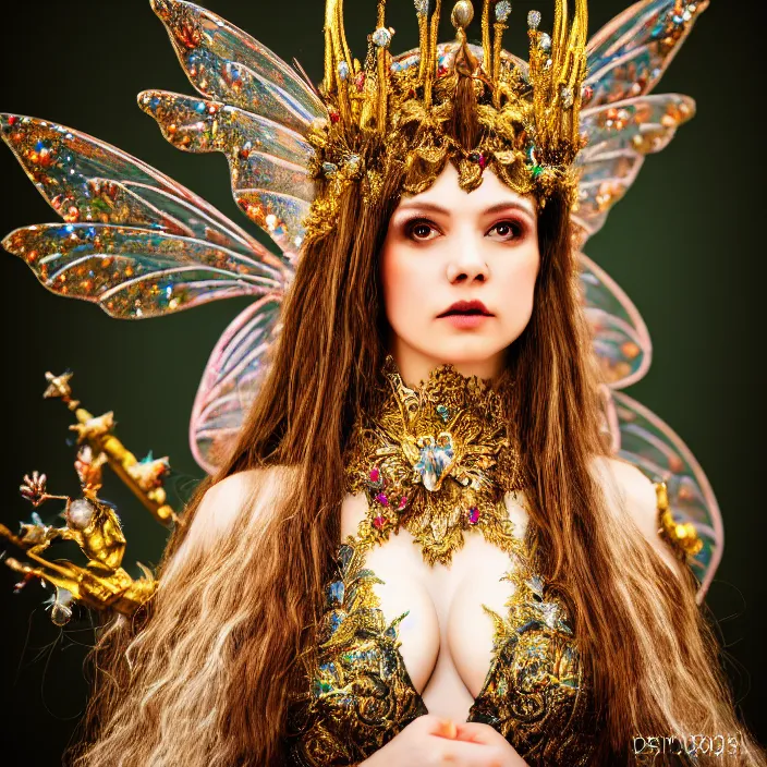 Image similar to photo of a very beautiful!! fairy queen with ornate sparkling robes, highly detailed, 4 k, hdr, smooth, sharp focus, high resolution, award - winning photo