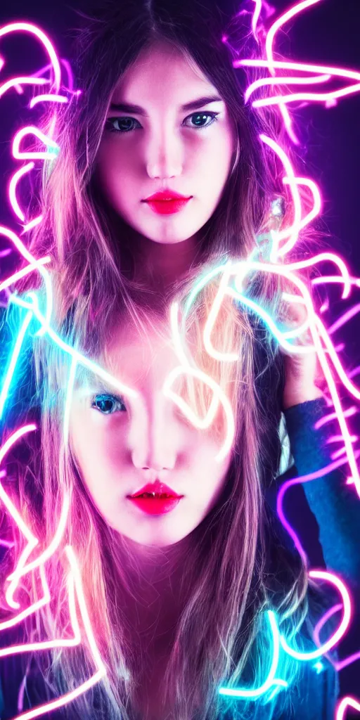 Prompt: mid portrait, girl, fashion photo, neon lightning, 35mm, noise effect, 4k realistic
