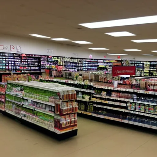 Image similar to empty grocery store, blurry shadow figure cashier, red eyes