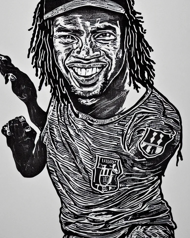 Image similar to a detailed lifelike linocut engraving of ronaldinho gaucho