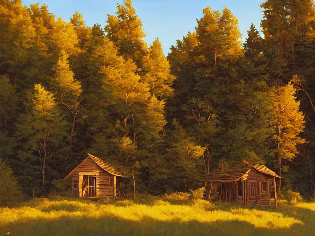 Prompt: an old wooden timber shack on a hill in the woods, golden hour, summer, a few birds flying around, painting by kenton nelson