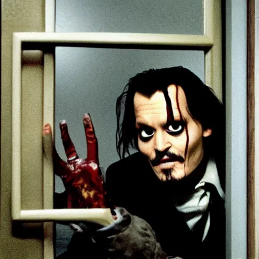 Image similar to Johnny Depp as Jack Torrance in Shining looking through the hole in the door,
