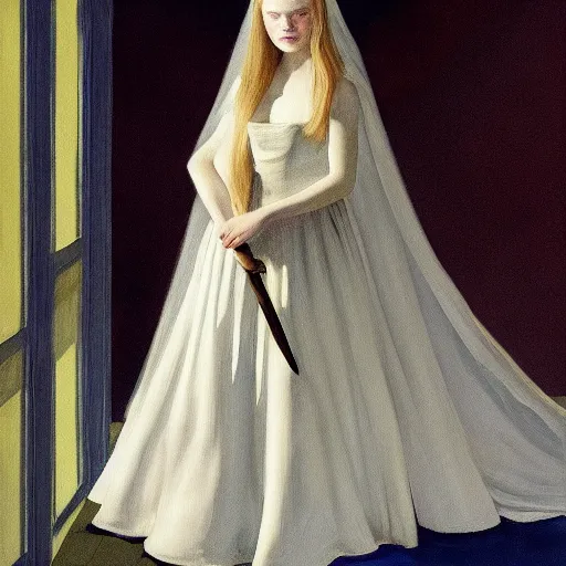 Prompt: Painting of Elle Fanning in the painted world of dark souls, by Edward Hopper. 8K. Extremely detailed.