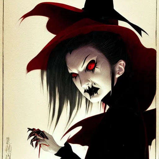 Image similar to scary vampire witch, evil, portrait, cinematic, powerful, super detailed and intricate, by koson ohara, by darwyn cooke, by greg rutkowski, by satoshi kon