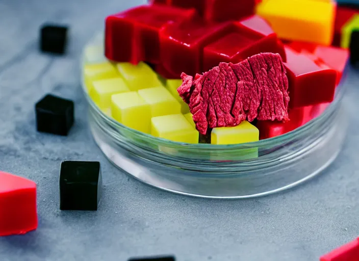 Prompt: dslr food photograph of a jello mold filled with cubes of beef, 8 5 mm f 1. 8